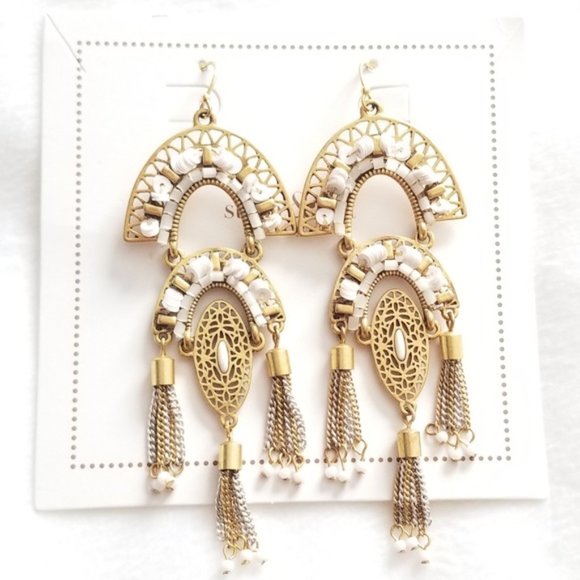 Stella & Dot Jewelry - Stella & Dot | Mirage Hand-beaded White+Vintage Gold Tassel Chandelier E…